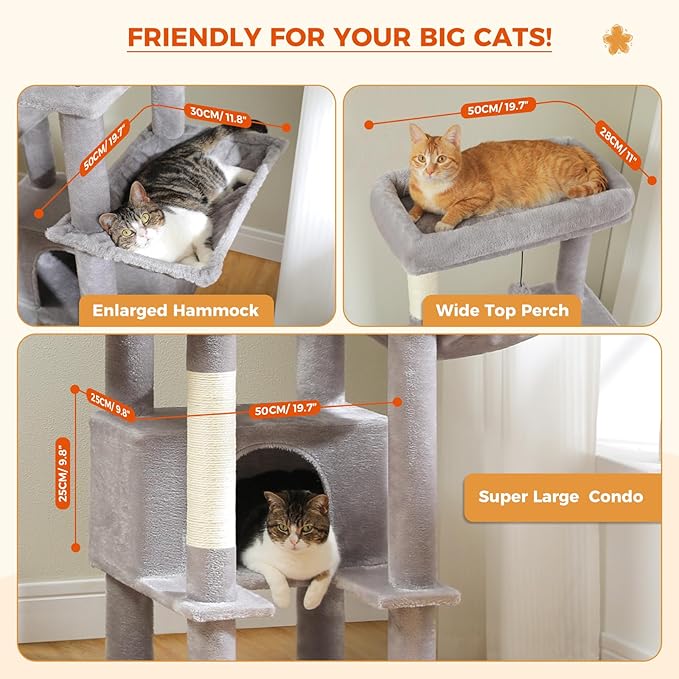 PEQULTI 66" Cat Tree for Indoor Cats, Tall Cat Tower for Large Cats with Scratching Post, Super Large Metal Hammock and 2 Big Condos, Grey
