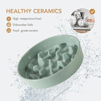 Ceramic 3.2 Cup Raised Slow Feeder Dog Bowl Set, Elevated 8.2inch Bowl and 9.5inch Slow Pet Food Dish with Wooden Stand for Large Dog (2 x Light Green+ Stand)