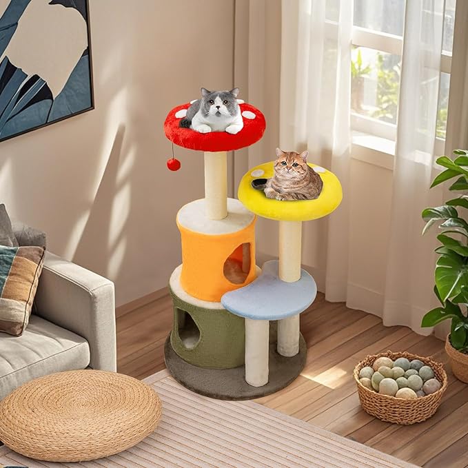 Tangkula Mushroom Cat Tree, 43 Inch Cute Cat Tower with Sisal Scratching Posts, Dual Cozy Condos, Padded Platforms, 2 Pompom Dangling Balls, Multi-Level Modern Cat Tree Tower for Indoor Cats
