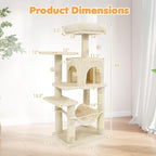 Tangkula Cat Tree Tower, 44 Inch Multi-Level Cat Tower with Sisal Scratching Posts, 2-Door Condo, Padded Top Perch & Hammock, 2 Hanging Balls, Jumping Platforms for Indoor Cats (Beige)