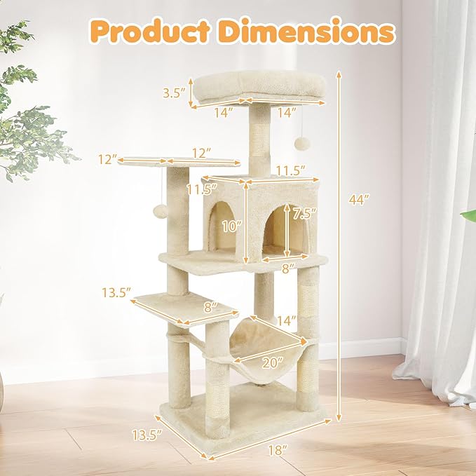Tangkula Cat Tree Tower, 44 Inch Multi-Level Cat Tower with Sisal Scratching Posts, 2-Door Condo, Padded Top Perch & Hammock, 2 Hanging Balls, Jumping Platforms for Indoor Cats (Beige)