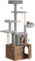 CABIHOME 3-in-1 Modern Cat Tree Tower with Hidden Litter Box Enclosure – Scratching Posts, Hammock, Multi-Level Perches, Wooden Condo Cabinet, Multi-Function Indoor Cat Furniture, Classic Brown