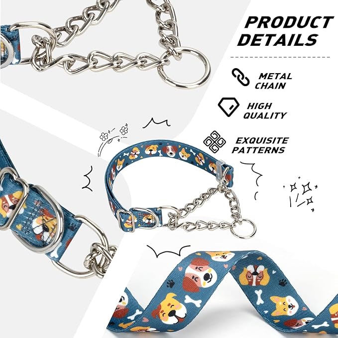 Adjustable No-Pull Dog Collar - Martingale Chain Collar with Safe Limited-Slip Design, Choker Training Collar for Medium, Large & XL Dogs(Medium)