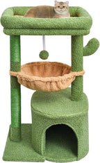 SYANDLVY Cactus Cat Tree for Indoor Cats, Green Activity Cat Tower with Scratching Post for Kittens, Modern Cat Furniture with Basket & Hanging Ball for Play Rest