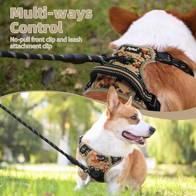 PUPTECK No Pull Tactical Dog Harness Medium Sized, Adjustable Reflective Dog Harness with Handle Easy Control, Comfortable Soft Padded Pet Vest Harness for Medium Dogs, Camouflage M