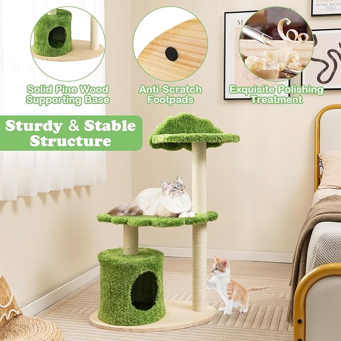 Tangkula Cat Tree Tower, Multi-Level Modern Wood Cat Tower with Sisal Scratching Posts, Top Perch, Solid Wood Base, Cute Cat Condo, Small Cat Tree for Indoor Cats Large Adult (38 Inch)