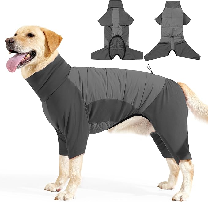XL Dog Jacket for Winter, Dog Onesies for Large Dogs Waterproof, Pullover Fullbody Clothes Jumpsuit, Fleece Cold Weather Coats Pajamas, Four-Legged Snowsuit with Leash Hole, XL Grey