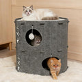 Cat House for Indoor Cats - 2-Storey Foldable Cat Bed Cave with Scratch-Resistant Felt Cats Tunnel Bed Condo & Hanging Fluffy Ball | Cozy Spacious Hideaway for Multi-Cats| Durable & Easy to Store,Gray