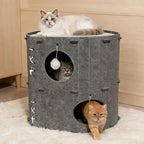 Cat House for Indoor Cats - 2-Storey Foldable Cat Bed Cave with Scratch-Resistant Felt Cats Tunnel Bed Condo & Hanging Fluffy Ball | Cozy Spacious Hideaway for Multi-Cats| Durable & Easy to Store,Gray