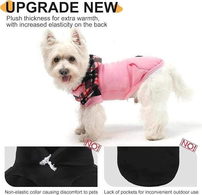 Dog Hoodie for Small Medium Large Dogs, Fleece Plaid Pet Hooded Clothes Sweater with Hat & Pocket for Cold Weather Winter,Warm Soft Pullover Sweatshirt Coat Outfit for Puppy Girls Boys Pink ML