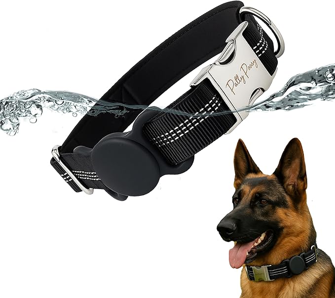 AirTag Holder Dog Collar for Large Medium Dogs, Adjustable Nylon Dog Training Collar with Quick Release Buckle, Reflective Heavy Duty Tactical Dog Collar with Handle (Black S)