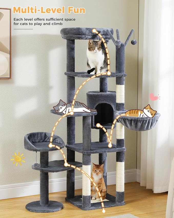 59" Cat Tree, Cat Tower for Large Cats, Multi-Level Cat Tower with 3 Removable Pompom Sticks, Cat Tree for Indoor Cats, Cat Condo with Large Hammock, Scratching Post, and 2 Perches, Dark Gray