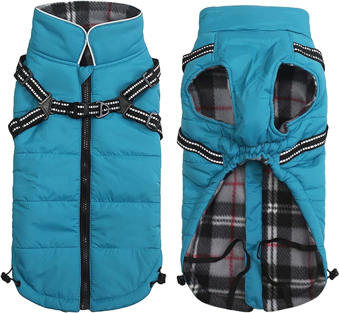 Geyecete Winter Warm Coat Waterproof Jacket with Harness Traction Belt,Pet Outdoor Jacket for Medium, Small Dogs-Blue-XL
