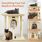 Cat Tree Tower Scratching Post for Indoor Large Cats, Small Cat Tree with Big Perch Bed, 28in Tall Trees House with Condo Cave, Toy Balls, Modern Climbing Furniture Platform for Kitten (Beige)