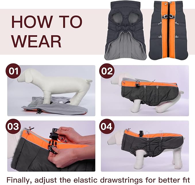 Medium Dog Winter Jacket, Warm Zip Up Snowsuit Dog Harness Vest, Reflective Water-Resistant Coat for Snow, Orange-Gray