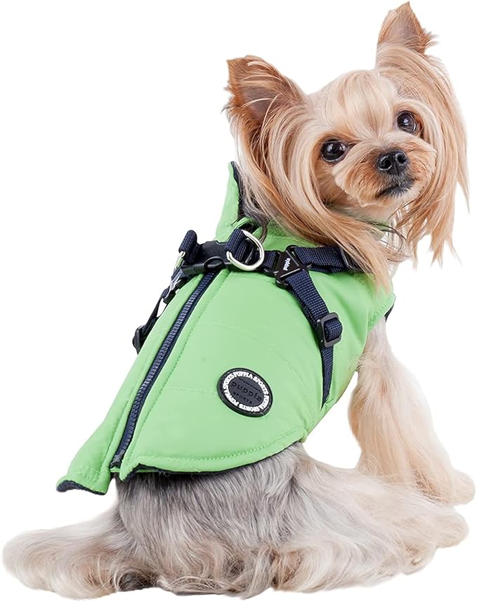Puppia Mountaineer Winter Dog Coat with integrated harness No Pull Cold Weather Waterproof Warm Fleece Back Zipper for Small & Medium Dog, GREEN, XX-Large