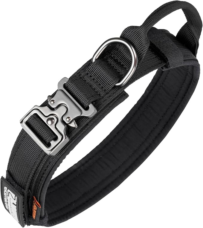 EXCELLENT ELITE SPANKER Tactical Dog Collar Nylon Adjustable Training Collar Military Dog Collar Heavy Duty Metal Buckle with Control Handle for Medium and Large Dogs with Patchese(Black-M)