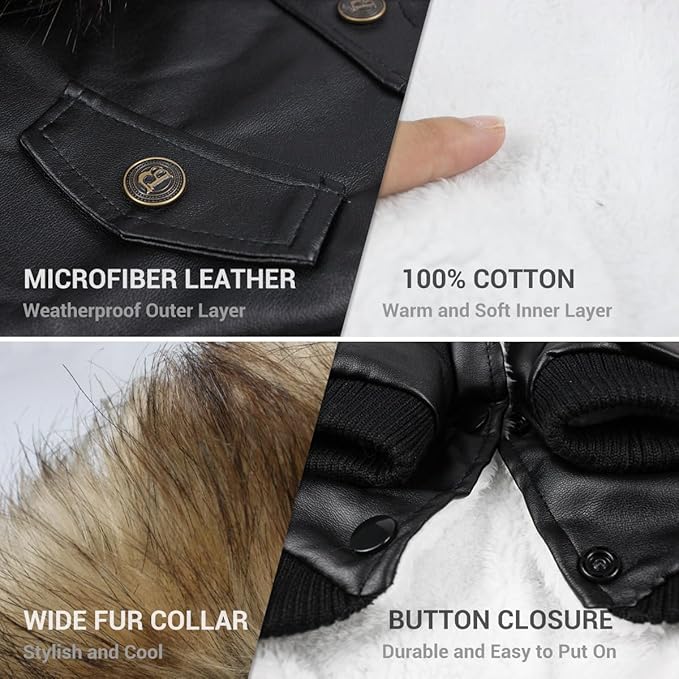 LESYPET Dog Leather Jacket for Small Dogs, Waterproof Dog Winter Jacket Puppy Coat with Fleece Lined, Ultra Warm Fur Collar Doggie Coat, Black S