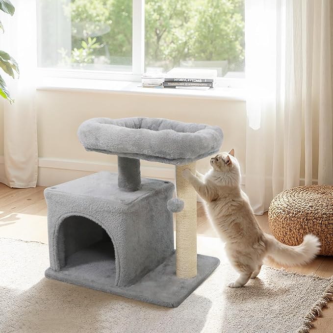 Tangkula Small Cat Tree for Indoor Cats, Cat Tower with Sisal Scratching Posts, Hanging Pompom, Cat Condo with Large Padded Plush Perch for Small Spaces, Kittens (Light Grey)
