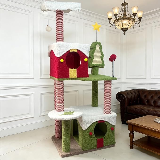 Cat Tree Tower with Cozy Condos, Multi-Level Green Cat Tower with Scratching Posts, Cat House Furniture with Snow Roof & Tree Design, Stable Cat Playground for Indoor Cats
