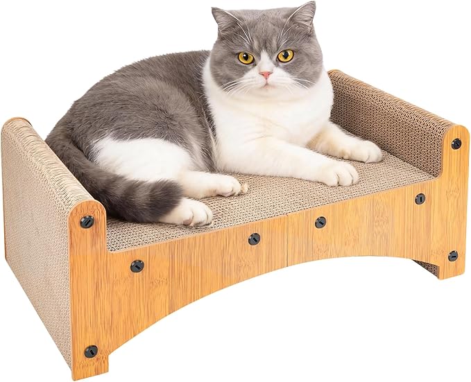 Avont Cat Scratcher Lounge, 3-in-1 Reversible Cardboard Scratching Bed, Horizontal Lounger for Indoor Cats Kittens - Wood