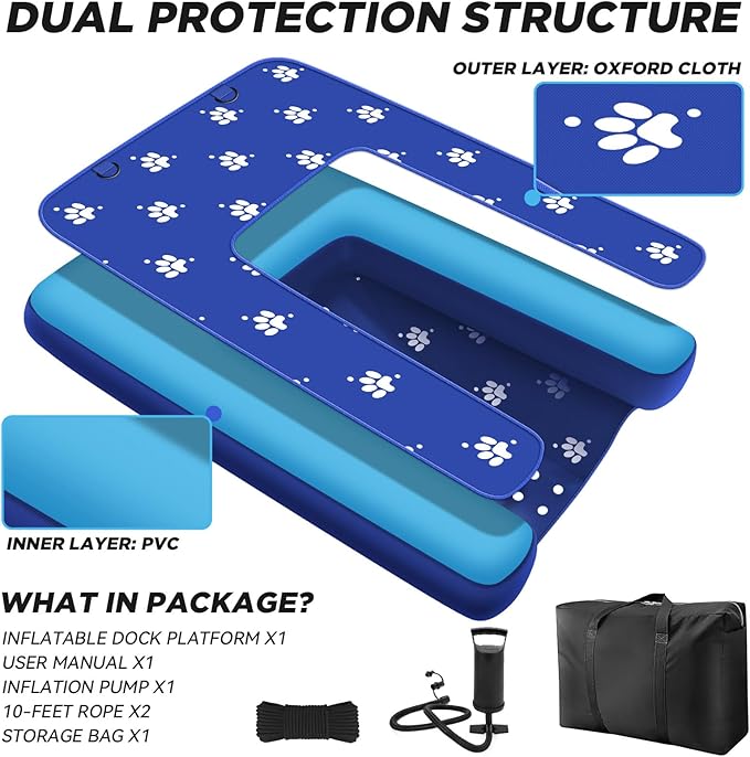 Inflatable Dock Platform, Dog Boat Ramp Floating Non-Slip Oxford and PVC with Water Ramp for Dogs Pool, Dock, Lake with Traction Rope, Manual Air Pump (4.7ft x 3ft x 6in) Blue