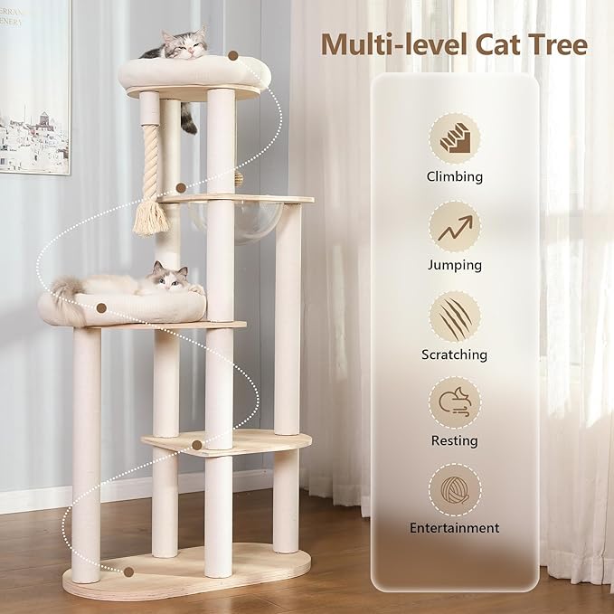 59" Modern Cat Tree Multi-Level Large Cat Tower Heavy Duty Wooden Cat Tree with Hammock,Cotton Scratching Post and Washable Cushions