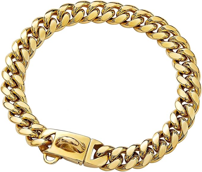 Strong Stainless Steel Gold Dog Collars with Safety Buckle Lock,14MM Cuban Link Chain Training Collar,Dog Necklace Walking Collar for Small Dogs 12''