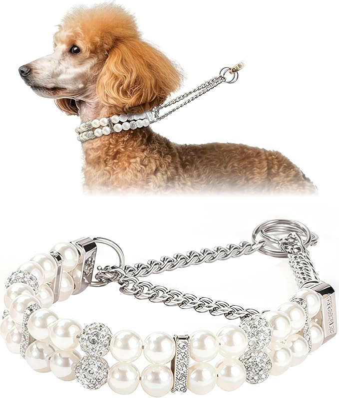 KUDES Luxury Martingale Collar for Small Dogs and Cats- No Pull Training Choke Chain Collar with Pearls & Crystals - Bling Dog Necklace Accessory for Pet Yorkie, Chihuahua, Pomeranian