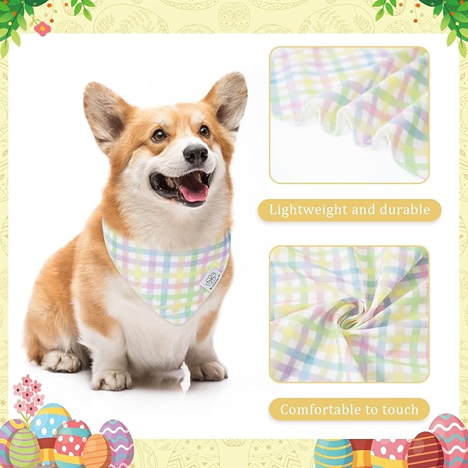 E-Clover Spring Easter Dog Bandanas & Matching Scrunchie Set Cute Girl Dog Scarf Bibs Pet Bandana with Bow Tie for Small Dogs Puppy Owner Mom Colorful Plaid