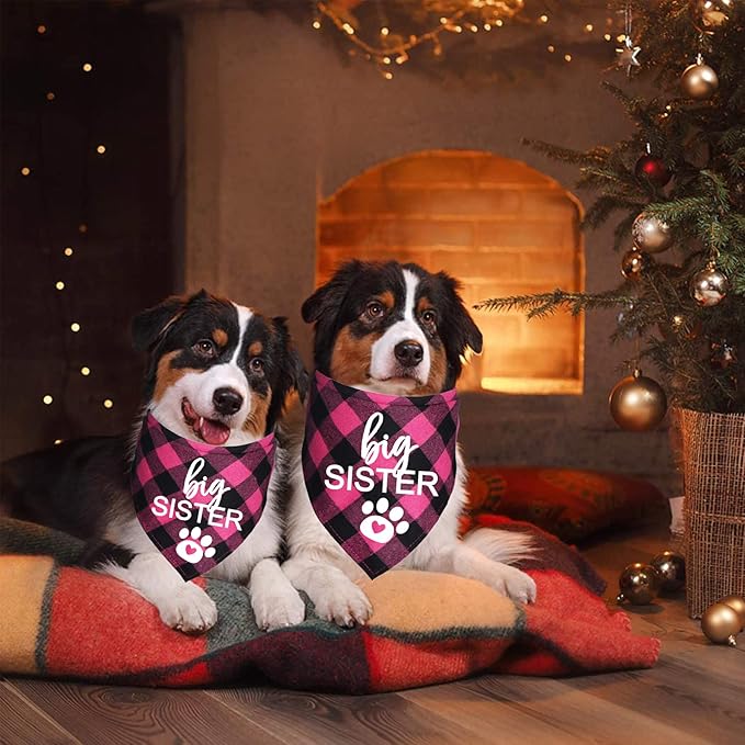 Big Sister Dog Bandana, Plaid Pregnancy Announcement Dog Bandanas for Dogs (Pink, Big Sister)