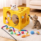 Cat House with 32 Toys, Cheese Cats Cave Hideout with Interactive Holes, Foldable Pet Activity Center, Playhouse Bed with Wand & Balls for Indoor Kitten