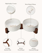 MALACASA Dog Bowl Set with Walnut Wood Stand, 3.5 Cups Ceramic Pet Bowls for Puppy Dogs, Dual Food and Water Bowls with Weighted Non-Slip Base, Basic Bowls for Your Dog or Cat, Rhombic & Polka Dots