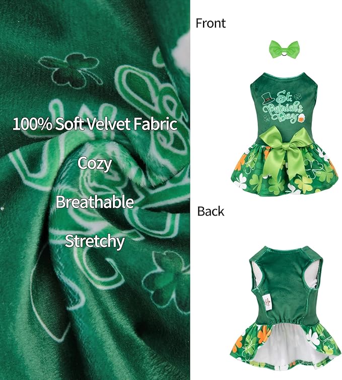 CuteBone St.Patrick's Day Dog Green Dress Velvet for Small Dogs Girl Puppy Dresses Clover Dog Clothes CVA13L-D