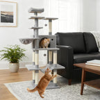 Tangkula Tall Cat Tree, 63 Inch Large Cat Tower with Sisal Scratching Posts, Plush Top Perch, Condo, Hammock, Basket Bed, Dangling Balls & Jumping Platforms for Indoor Cats Large Adult (Light Grey)