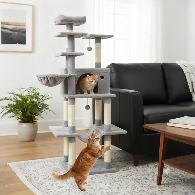 Tangkula Tall Cat Tree, 63 Inch Large Cat Tower with Sisal Scratching Posts, Plush Top Perch, Condo, Hammock, Basket Bed, Dangling Balls & Jumping Platforms for Indoor Cats Large Adult (Light Grey)