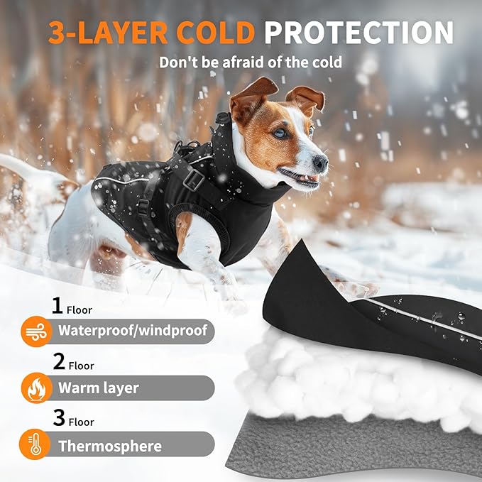 Dog Winter Coat Reflective Water-Resistant Jacket, Fleece Lined Windproof Puppy Coat with Back Zipper & D-Ring, Cold Weather Dog Coats for Small Medium Dogs (XL, Black)