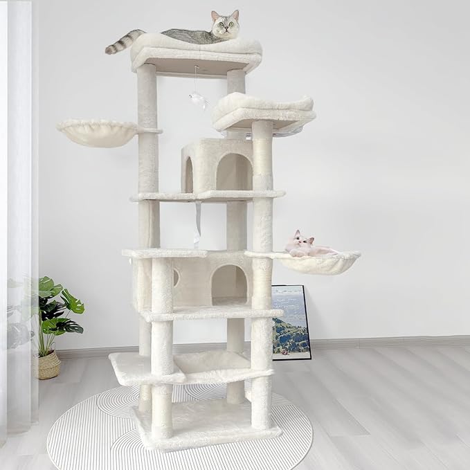 Plush Cat Tower for Indoor Cats, Large Cat Tree Tower, 68 Inch Multi-Level Cat Climbing Stand with Condos, Hammock, Sisal Scratching Posts, Plush Perches and Hanging Toy (Beige)