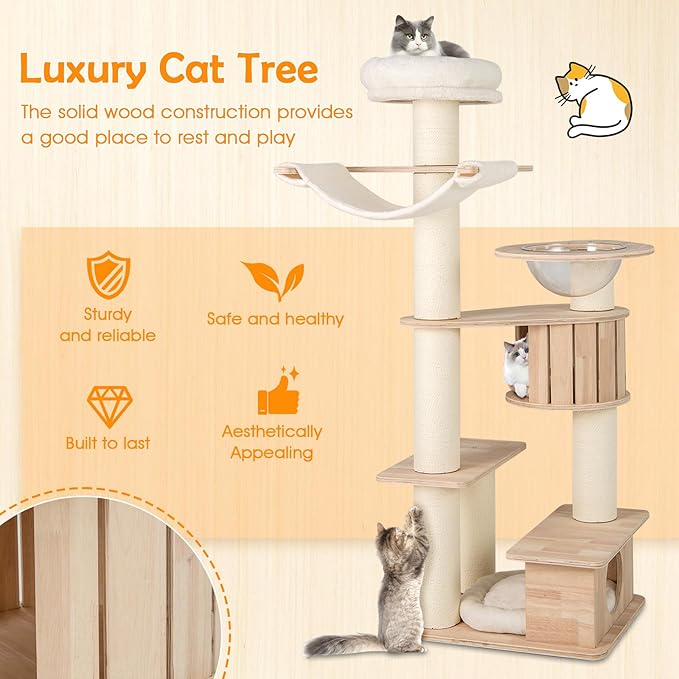 PETSITE 69 Inch Tall Wood Cat Tree, Multi-Level Modern Cat Tower with 5.7 inch Scratching Posts, Double Cat Condos, Space Capsule, Hammock, Large Wooden Cat Tree Tower for Indoor Cats, Natural