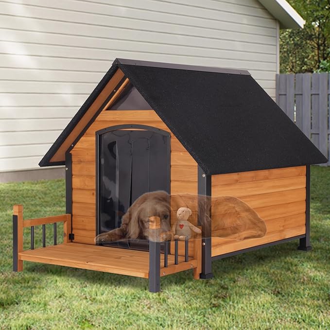 Large Dog House with Proch, Weatherproof Outdoor Kennel for Large Dogs, Chew-Resistant Iron Frame & Asphalt Roof for Outdoor (Wood, XL)