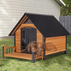 Large Dog House with Proch, Weatherproof Outdoor Kennel for Large Dogs, Chew-Resistant Iron Frame & Asphalt Roof for Outdoor (Wood, XL)