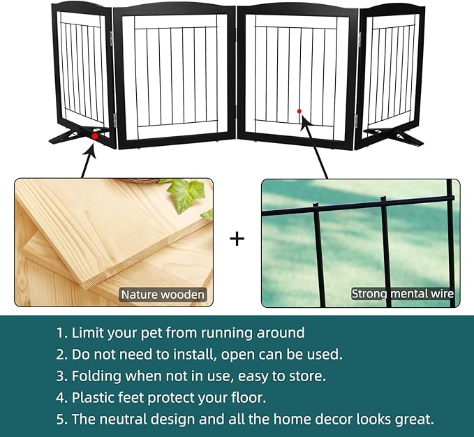 Dog Fence Indoor,Dog Gate Indoor for Doorway pet gate -4-Panel Freestanding, Hallways, House or Stairs -80x24-Inch Retractable Foldable Expandable Wood Pet by SFJC (Black) ﻿