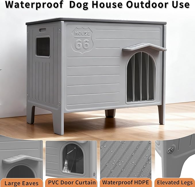 Rockever Dog House Outdoor Indoor for Small Medium Dogs, Insulated Dog House with Mat, Plastic Elevated Outdoor Dog House Waterproof Dog Kennel with Window, Clean Easily(M & Mat)