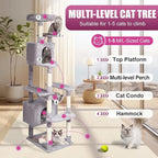 Cat Tree, 72in 8-Level Cat Tower with Sisal Scratching Post, Soft Top Platfomm, Basket, 2 Hidden Cat Condo, Balls, Space Saving Cat Condo, Indoor Pet Play House for 5 Cats, Light Grey