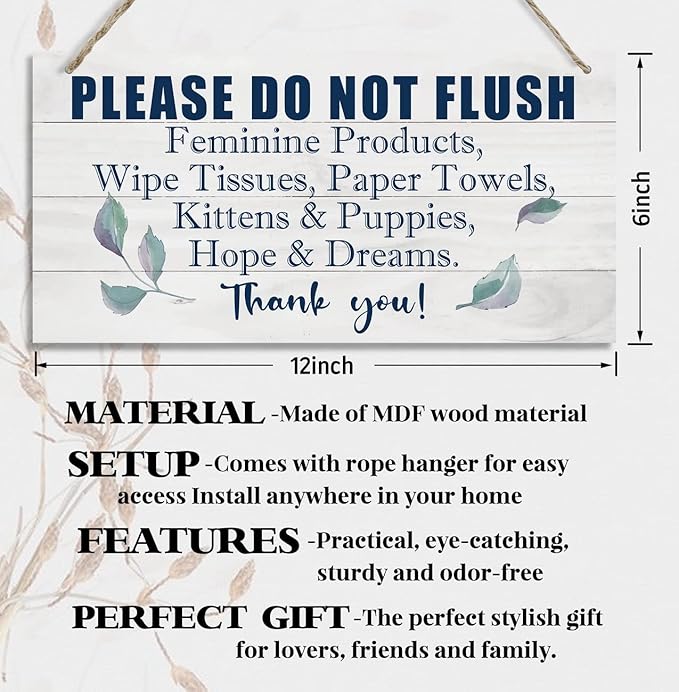 HALUOSI Hanging Printed Wooden Plaque Decor, Bathroom Rules Sign, 'Please Do Not Flush Feminine Products', Engineered Wood, 12x6 Inches