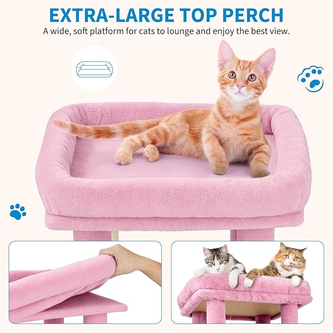 61" Large Cat Tree Tower for Indoor Cats, Heavy-Duty Multi-Level Cat Condo for Maine Coon & Big Cats with Extra-Large Perch, 2 Spacious Houses, Sisal Scratching Posts & Hanging Toys - Pink