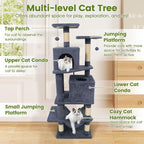 PETSITE 57-inch Modern Cat Tree, Multi-Level Cat Tower with 2 Comfy Condos, Sisal Scratching Posts, Plush Top Perch, Snug Hammock, and Dangling Balls, Ideal for Indoor Cats and Kittens (Dark Grey)