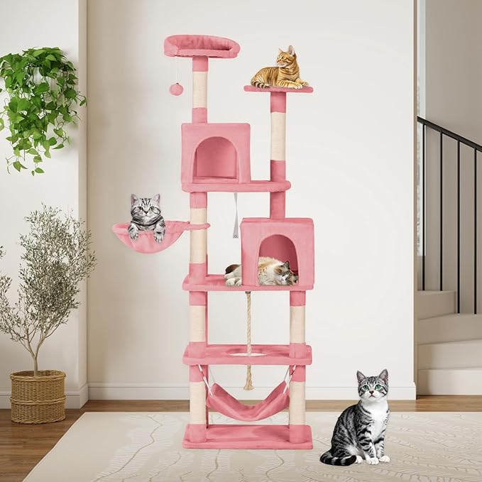 Cat Tree, 68-Inch Cat Tower for Indoor Cats, Plush Multi-Level Cat Condo with 7 Scratching Posts, 2 Perches, 2 Caves, Hammock (Pink)