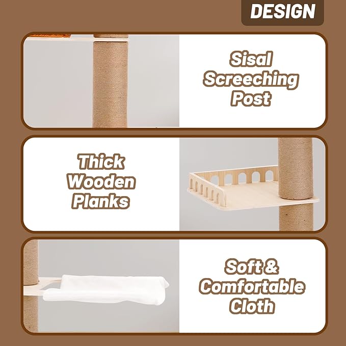 Romiromi 98”-102” Floor to Ceiling Cat Tree, Height Adjustable 7-Tier Ceiling to Floor Cat Tower, Wooden Pet Tree with 6 Sisal Scratching Post for Indoor Cats