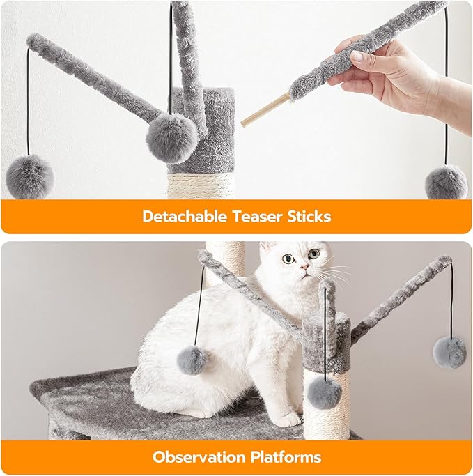 HOOBRO Cat Tree with Litter Box Enclosure, 27.6" L x 18.9" W x 52" H, All-in-One Wooden Cat Tower, Cat Furniture for Indoor Cats, Cat Condo with Hammock, Detachable Teaser Sticks, Greige BG14MZ03
